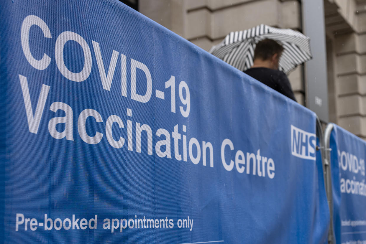 LONDON, ENGLAND - JUNE 04: Signage outside a Covid-19 vaccination centre at the Science Museum on June 04, 2021 in London, England. (Photo by Rob Pinney/Getty Images)