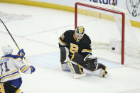 Buffalo Sabres right wing Victor Olofsson (71) scores a goal against Boston Bruins goaltender Linus Ullmark (35) during the third period of an NHL hockey game Friday, Oct. 22, 2021, in Buffalo, N.Y. (AP Photo/Joshua Bessex)