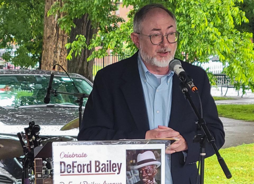 Paul Kingsbury, Senior Director of Editorial and Interpretation, Country Music Hall of Fame & Museum, speaks at DeFord Bailey street renaming ceremony