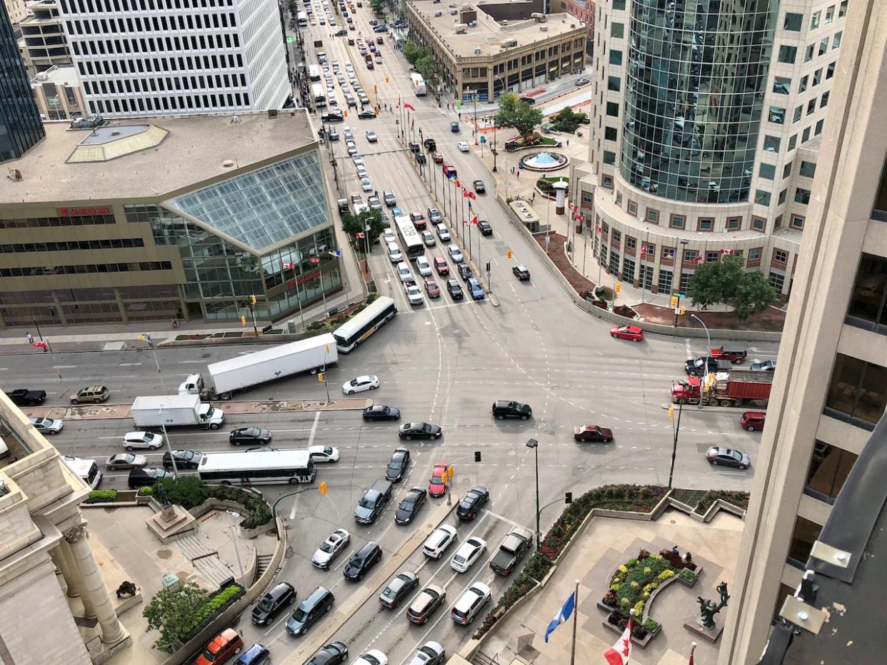 On an average weekday, 72,000 vehicles cross Portage and Main, down from 81,000 eight years ago. (Gary Solilak/CBC - image credit)