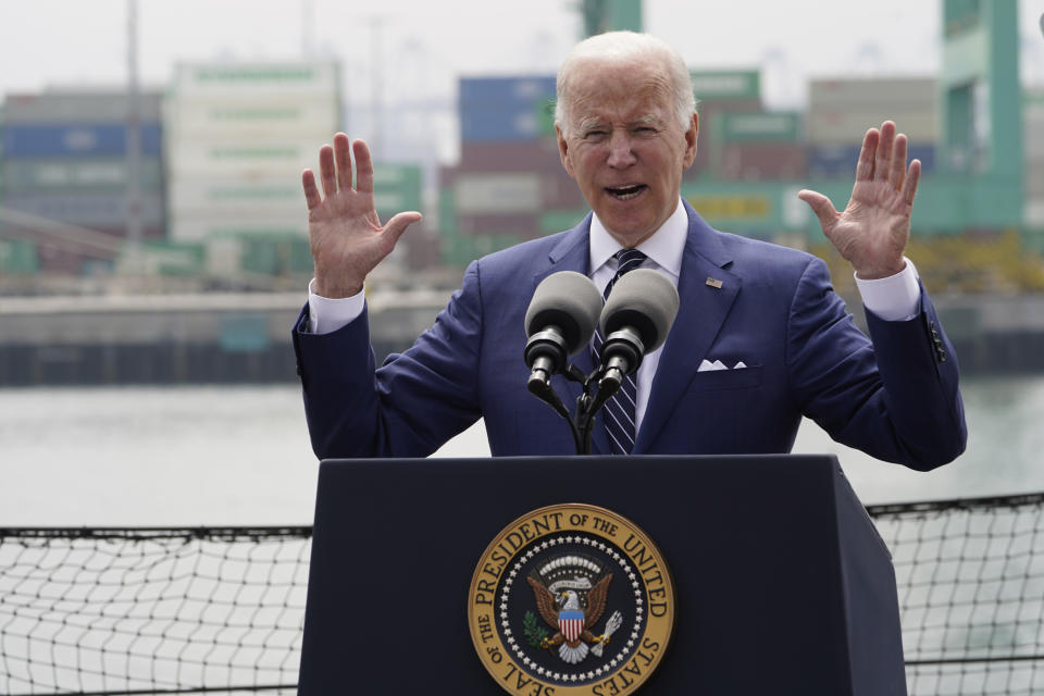 President Joe Biden speaks about inflation and supply chain issues at the Port of Los Angeles, Friday, June 10, 2022, in Los Angeles. (AP Photo/Damian Dovarganes)