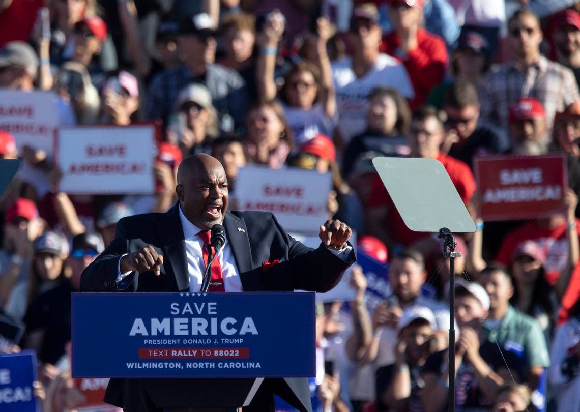 North Carolina Lt. Gov. Mark Robinson speaks to a crowd at a rally featuring former president Donald Trump on Friday, Sept. 23, 2022, in Wilmington, N.C.