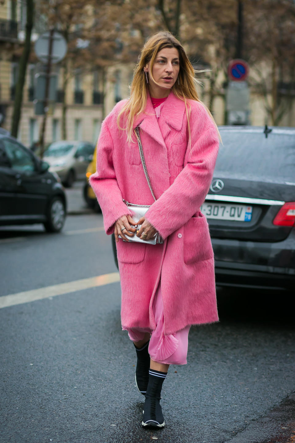 Ada Kokosar shows off a major street style trend spotted at Paris Fashion Week — the oversize coat in look-at-me brights.