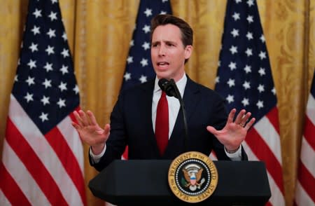 FILE PHOTO: U.S. Senator Josh Hawley addresses President Trump's social media forum at the White House in Washington