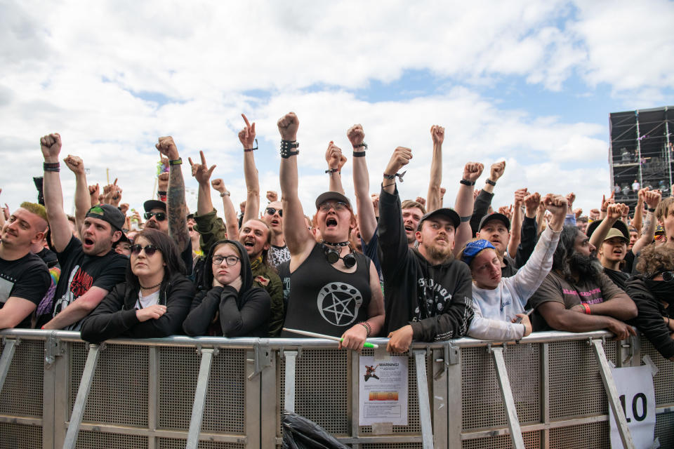 General view of festival goers at the main stage on Day 3 of Download festival at Donnington Park. (Getty)