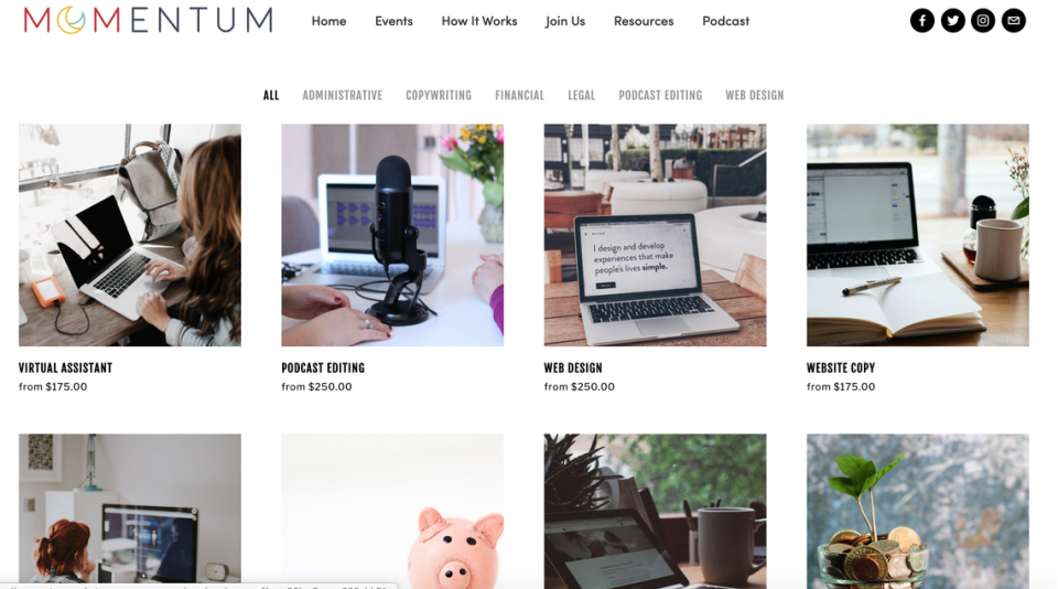 A screenshot of the MOMentum Marketplace platform.