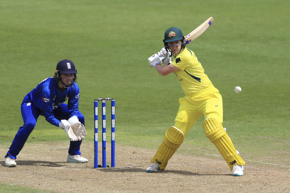 Australia's Georgia Wareham, right, batting during the second one day international cricket match of the Women's Ashes Series at the Ageas Bowl, Southampton, England, Sunday, July 16, 2023. (Bradley Collyer/PA via AP)