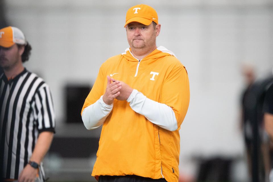 Tennessee head coach Josh Heupel during preseason football practice held on UT's campus on Monday, August 7, 2023.