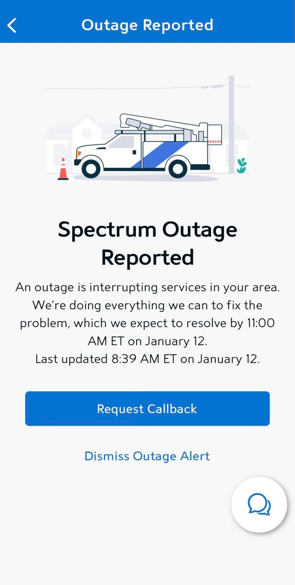 The My Spectrum app showing an outage report the morning of Wednesday, Jan. 12.