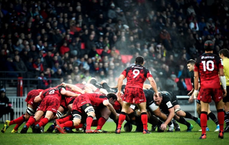 Saracens and Lyon fight for the ball in a scrum on Sunday