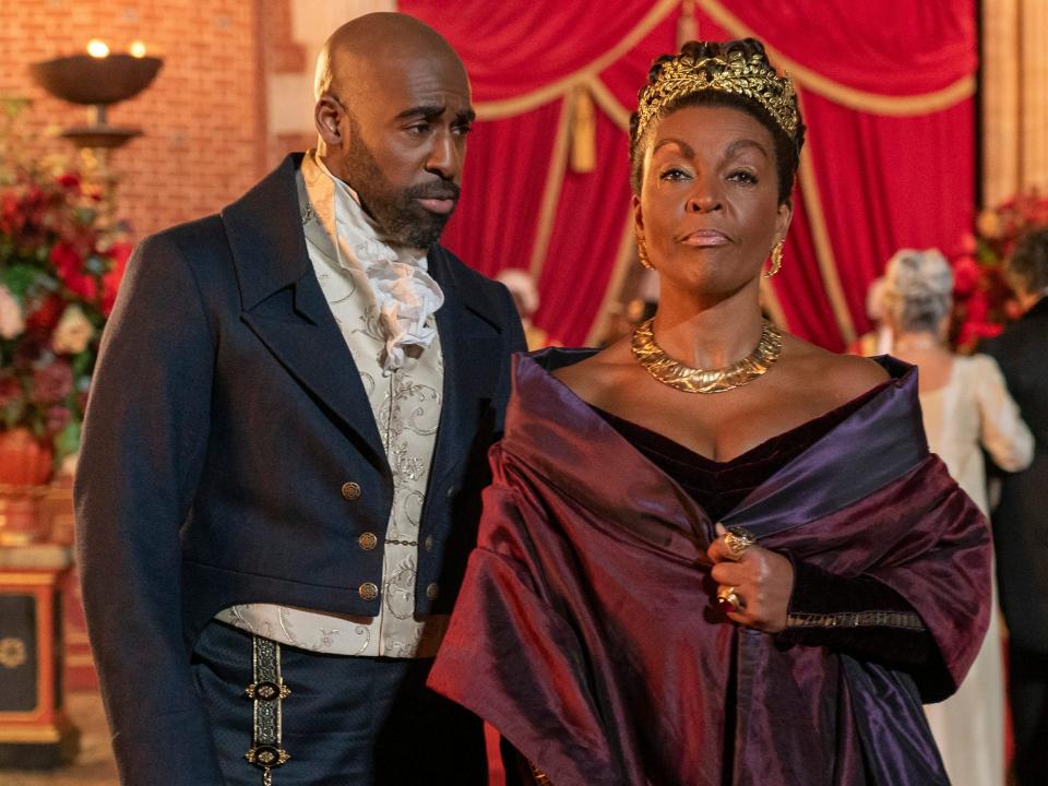 Daniel Francis as Lord Anderson, Adjoa Andoh as Lady Agatha Danbury on season three, episode four of "Bridgerton."