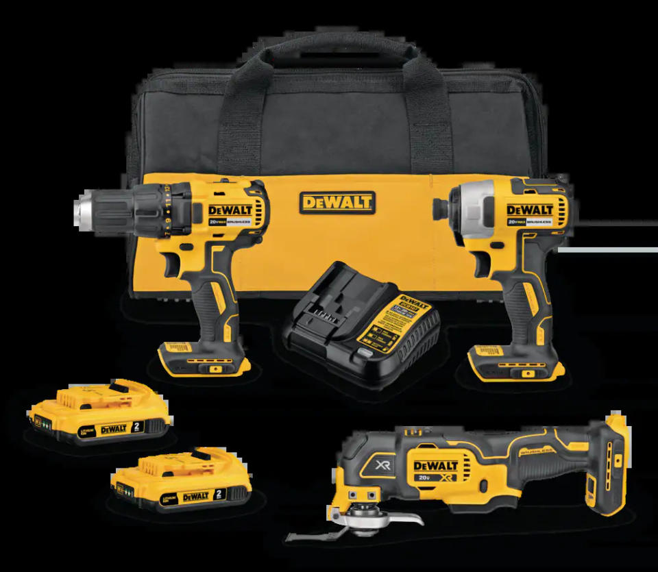 DEWALT Cordless Drill/Driver, Impact Driver & Oscillating Multi-Tool Combo Kit. Image via Canadian Tire.