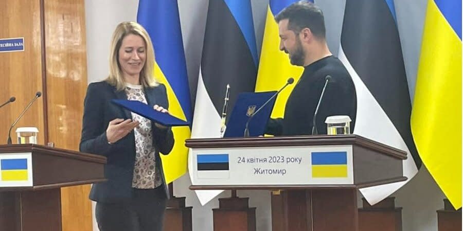 Kaja Kallas and Volodymyr Zelenskyy after signing the joint declaration of Ukraine and Estonia, April 24, 2024