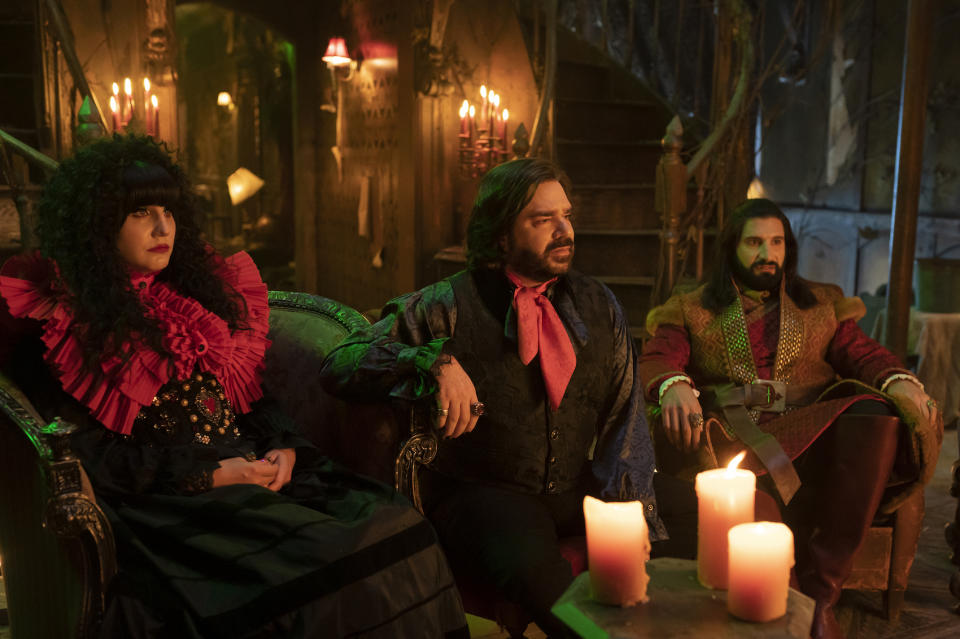 “WHAT WE DO IN THE SHADOWS” -- “Private School” -- Season 4, Episode 5 (Airs August 2) — Pictured (L-R): Natasia Demetriou as Nadja, Matt Berry as Laszlo, Kayvan Novak as Nandor. CR: Russ Martin: FX