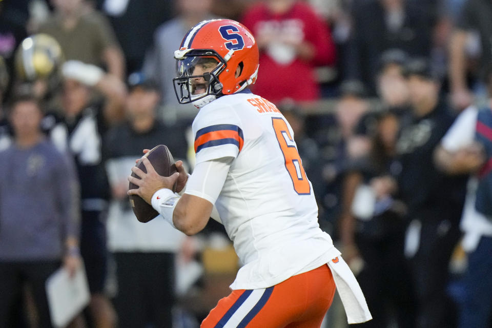 Syracuse quarterback Garrett Shrader (6) looks to throw a pass against Purdue during the first half of an NCAA college football game in West Lafayette, Ind., Saturday, Sept. 16, 2023.(AP Photo/AJ Mast)