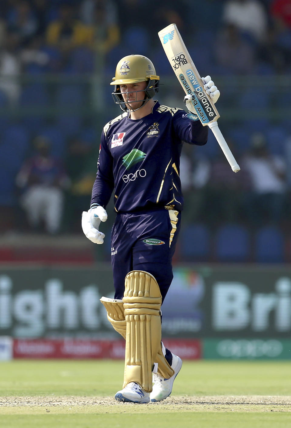 Quetta Gladiators batsman Jason Roy celebrates after his fifty during the Pakistan Super League T20 cricket match between Quetta Gladiators and Peshawar Zalmi at National stadium in Karachi, Pakistan, Saturday, Feb. 22, 2020. (AP Photo/Fareed Khan)