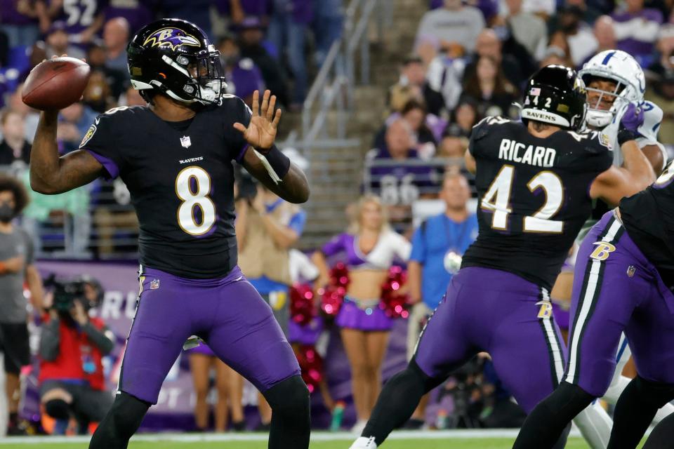 Oct 11, 2021; Baltimore, Maryland, USA; Baltimore Ravens quarterback Lamar Jackson (8) passes the ball against the Indianapolis Colts during the second quarter at M&T Bank Stadium.