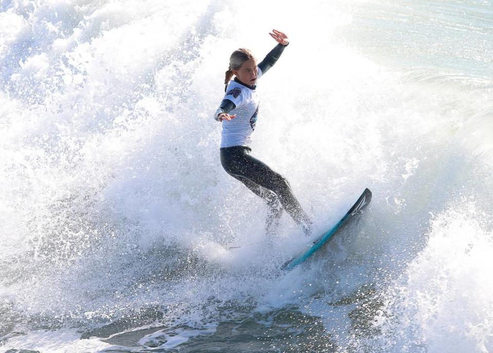 Lanea Mons competes in the World Surf League’s SLO CAL Open at Pismo Beach on Thursday, Jan. 26, 2023.