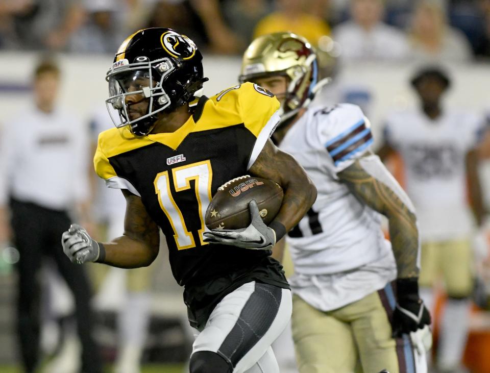 Pittburgh Maulers receiver Isiah Hennie runs after a second-quarter catch against Michigan Panthers in the USFL North Division Championship, Saturday, June 24, 2023, in Canton.