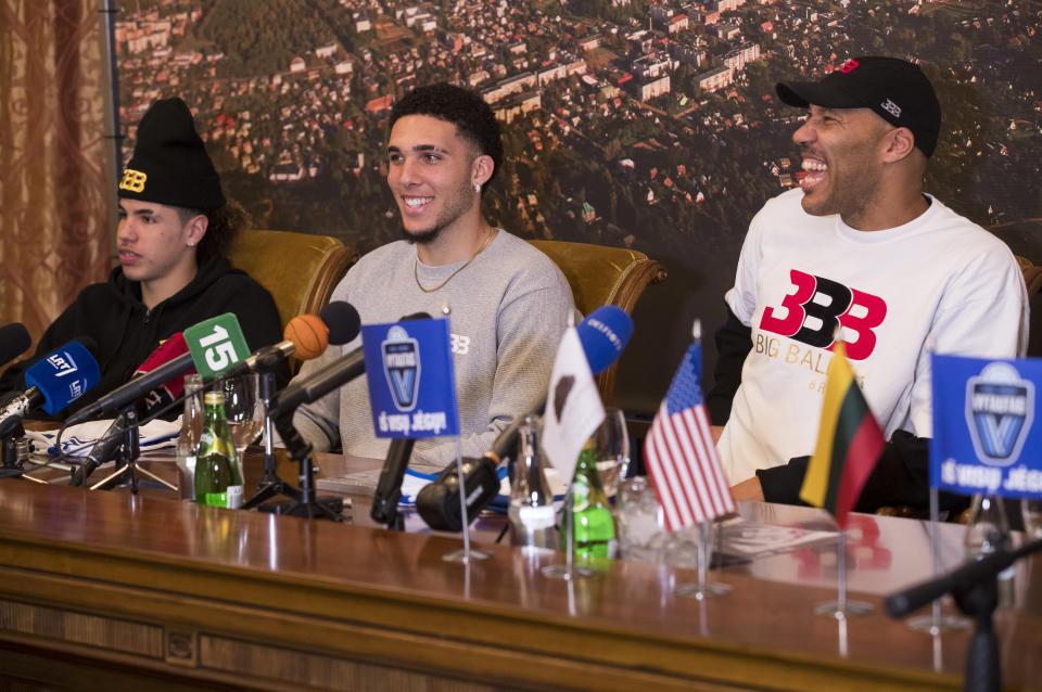 LaMelo, LiAngelo, and LaVar Ball were introduced at a press conference in Lithuania, and like everything the Balls do, it was insane. (AP Photo)