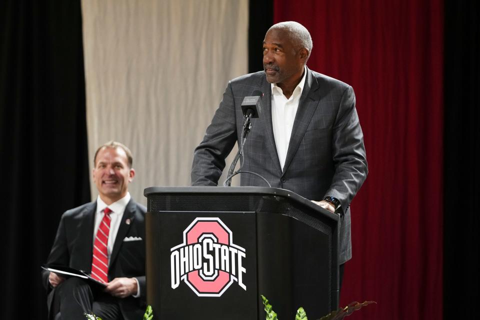 Jan 17, 2024; Columbus, OH, USA; Ohio State athletic director Gene Smith speaks at a press conference to name Ross Bjork as his successor at the Covelli Center.