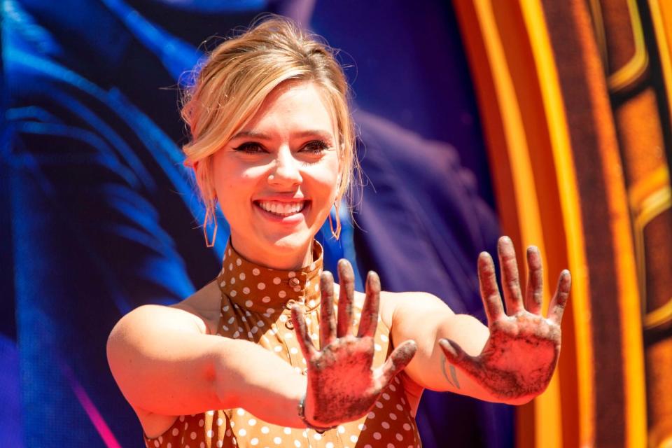 Avengers: Endgame star Johansson at the Hand and Footprint Ceremony in Hollywood in April. (AFP/Getty Images)