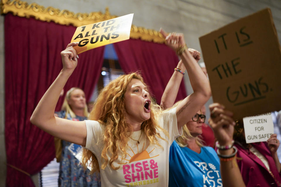 Rachelle Lefevre yells from the House gallery after a vote from the floor to silence Rep. Justin Jones, D-Nashville, for the day during a special session of the state legislature on public safety, Monday, Aug. 28, 2023, in Nashville, Tenn. Jones was twice ruled out of order by the House Speaker prompting the action by Republicans. (AP Photo/George Walker IV)