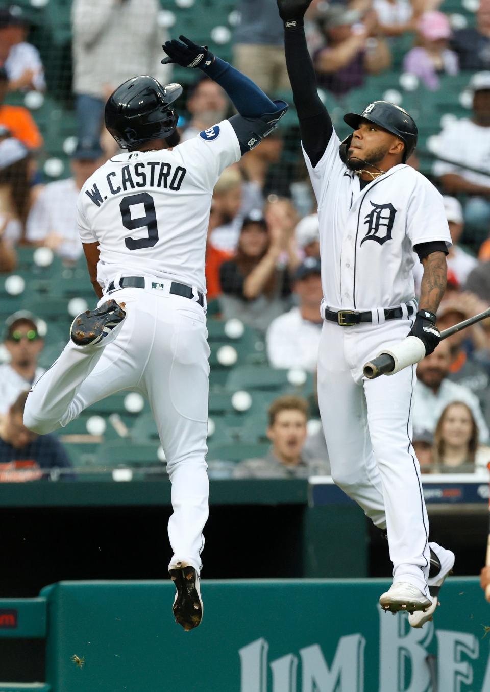 Tigers center fielder Willi Castro celebrates his solo home run against the White Sox with third baseman Harold Castro during the first inning on Monday, June 13, 2022, at Comerica Park.