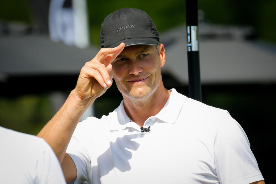 MIAMI, FLORIDA - MAY 04: Tom Brady, NFL player, gestures during the Big Pilot Charity Challenge at The Miami Beach Golf Club in Miami, Florida, United States on May 04, 2022. (Photo by Eva Marie Uzcategui Trinkl/Anadolu Agency via Getty Images)