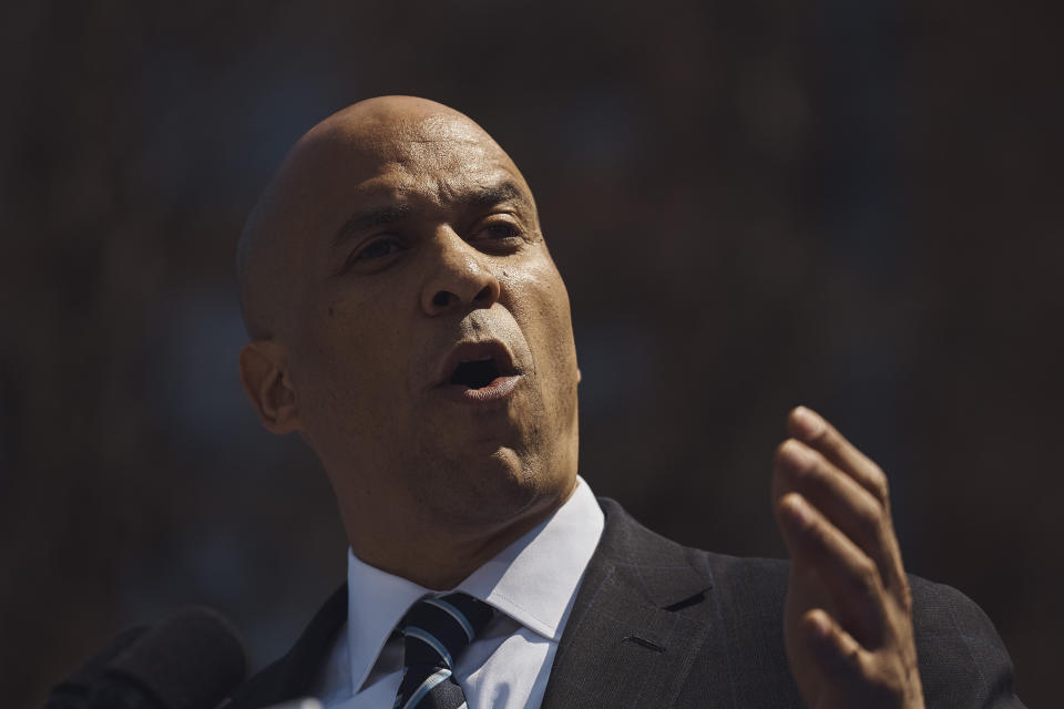 Democratic presidential candidate Sen. Cory Booker, D-N.J. talks to the crowd during a hometown kickoff for his national presidential campaign tour at Military Park in downtown Newark, Saturday, April 13, 2019. (AP Photo/Andres Kudacki)