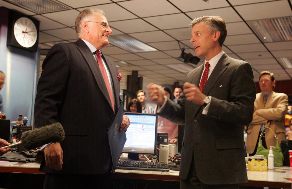 KSL-TV anchorman Dick Nourse is honored on his 65th birthday by Gov. Jon Huntsman Jr. during a party at KSL’s Broadcast House in Salt Lake City on March 8, 2005. | Jason Olson, Deseret News