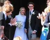 <p>For her wedding to Caspar Jopling, held at York Minster Cathedral, the bride wore a bespoke Chloé Victorian-inspired bridal gown. According to the brand, the white glass beads embroidered onto the dress represent the White Roses of York. The dress took 640 hours to make in total, while the silk tulle veil took 590 hours in Paris.</p>