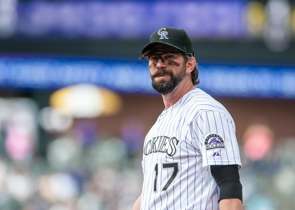 Todd Helton of the Colorado Rockies looks on during a game against the Arizona Diamondbacks.