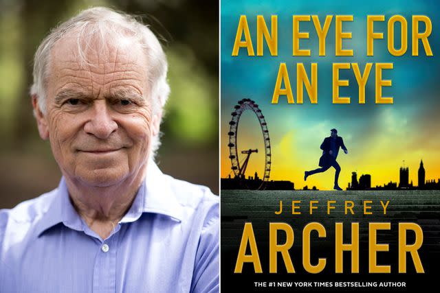 <p>Toby Madden; Harper Collins</p> Jeffrey Archer and the book jacket for An Eye For An Eye