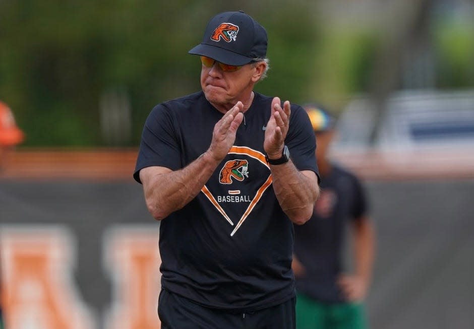 Florida A&M head coach Jamey Shouppe cheers on his team during a preseason practice for the 2024 baseball season at Moore-Kittles Field.