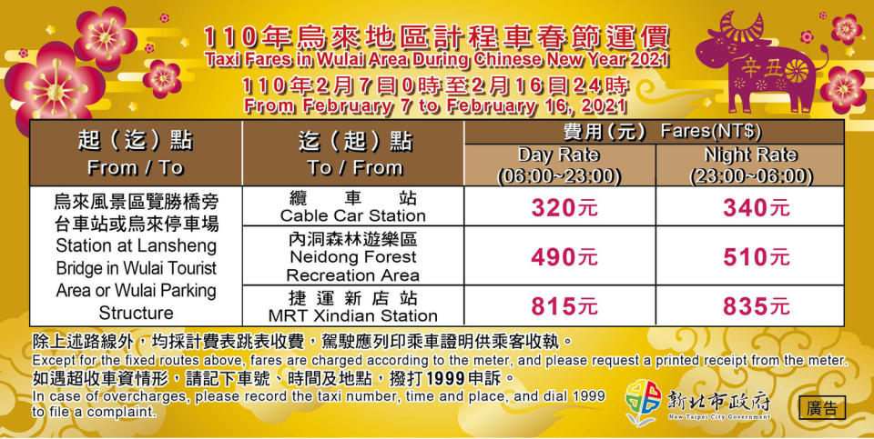 110年計程車春節烏來地區貼紙。   圖：新北市交通局提供