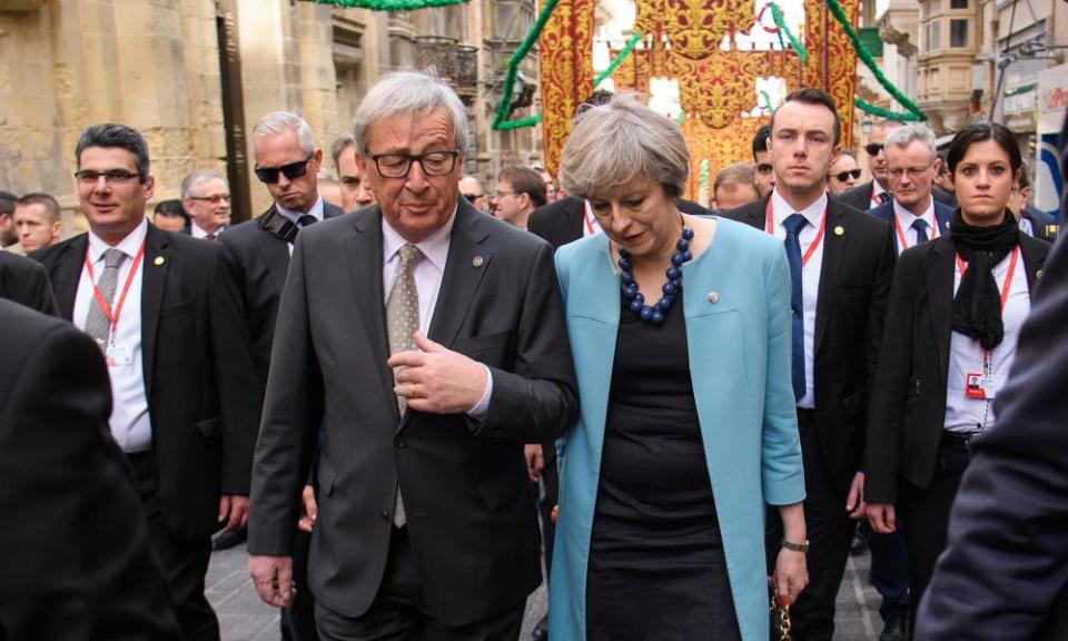 European commission president Jean-Claude Juncker and Theresa May during the EU summit in Malta.