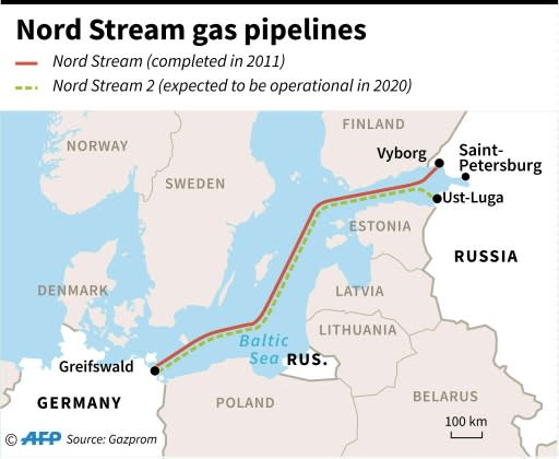 Map showing the Nord Stream gas pipelines between Russia and Germany