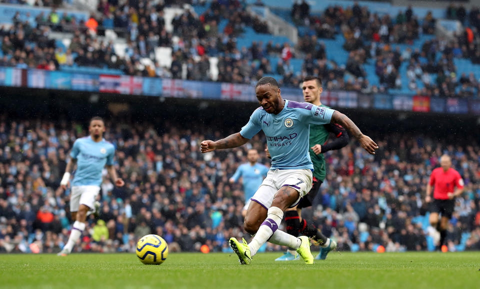 Manchester City's Raheem Sterling scores his side's first goal of the game during the Premier League match at the Etihad Stadium, Manchester. (Photo by Martin Rickett/PA Images via Getty Images)