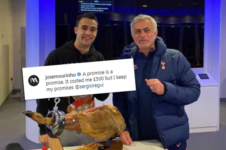 <p>Jose Mourinho previously gave Sergio Reguilon and the Tottenham players a £500 Spanish ham</p> (Jose Mourinho/Instagram)