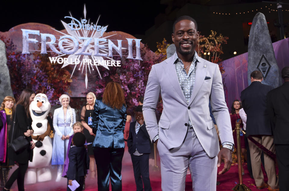 Sterling K. Brown arrives at the world premiere of "Frozen 2" at the Dolby Theatre on Thursday, Nov. 7, 2019, in Los Angeles. (Photo by Chris Pizzello/Invision/AP)