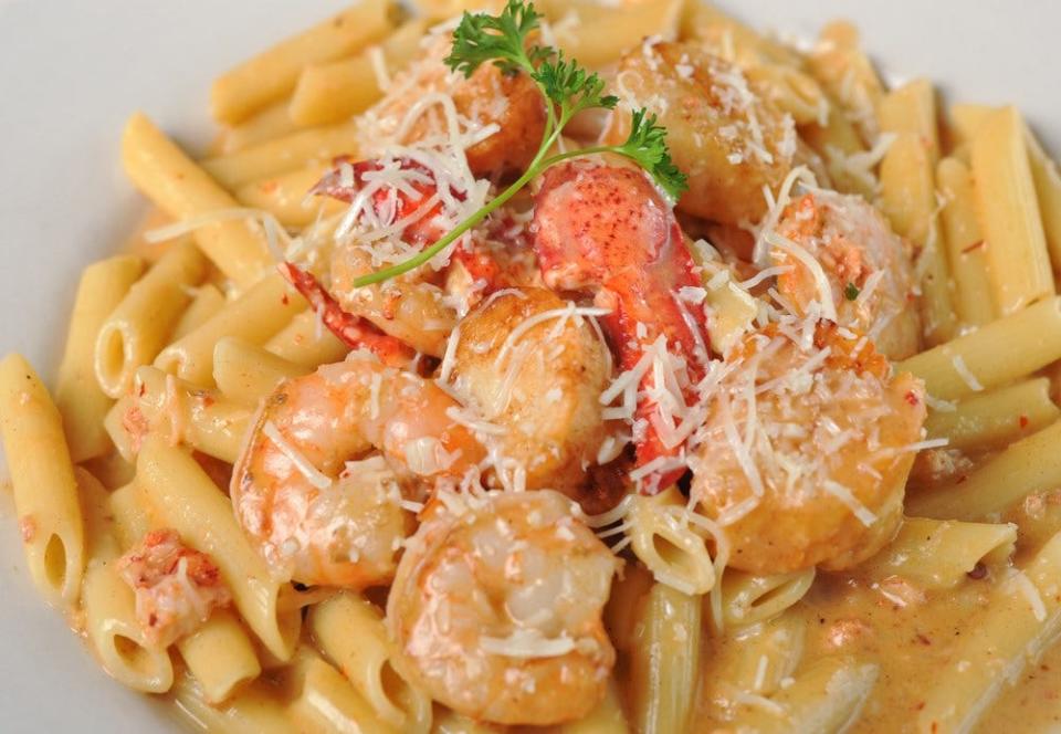 This delicious 'Seafood from Hell' dish with callops, shrimp, lobster, and sweet chili chipotle cream sauceis is available at Stoneforge Grill in Easton.