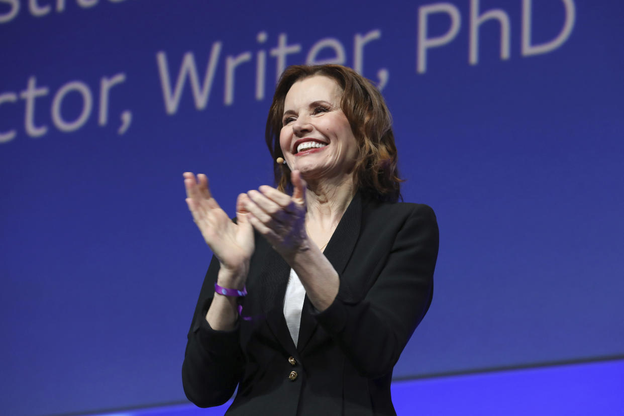 Geena Davis speaks at the AT&T's SHAPE: "The Scully Effect is Real" panel with Geena Davis and Mayim Bialik on Saturday, June 22, 2019 in Burbank, Calif. (Photo by Mark Von Holden/Invision/AP)