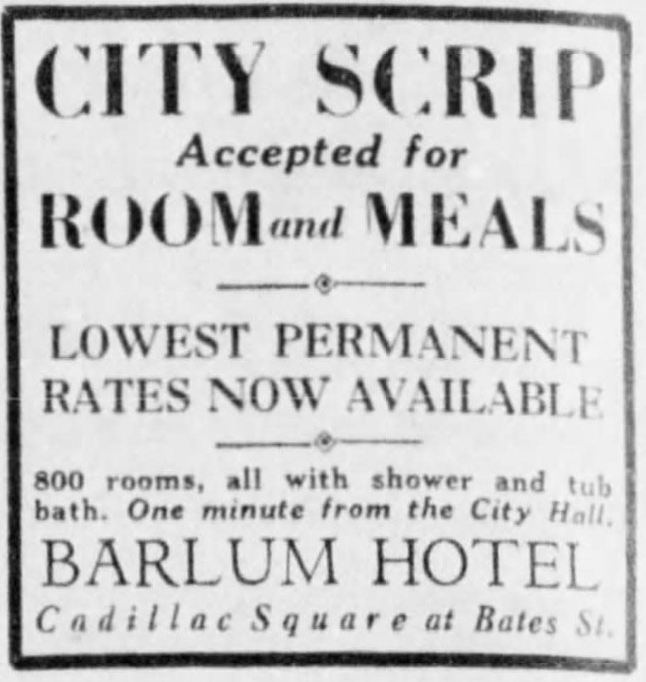 An ad that ran in the Free Press in 1933 for the Barlum Hotel.