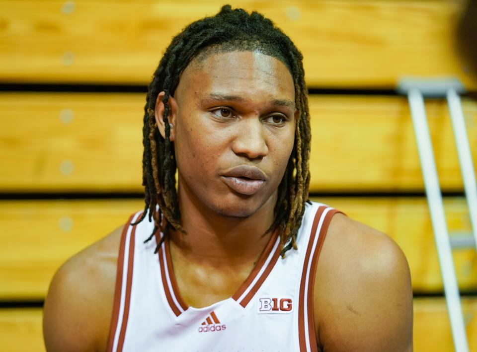Indiana’s Malik Reneau talks to the media during the Indiana University basketball media day at Simon Skjodt Assembly Hall on Wednesday, Sept. 20, 2023.