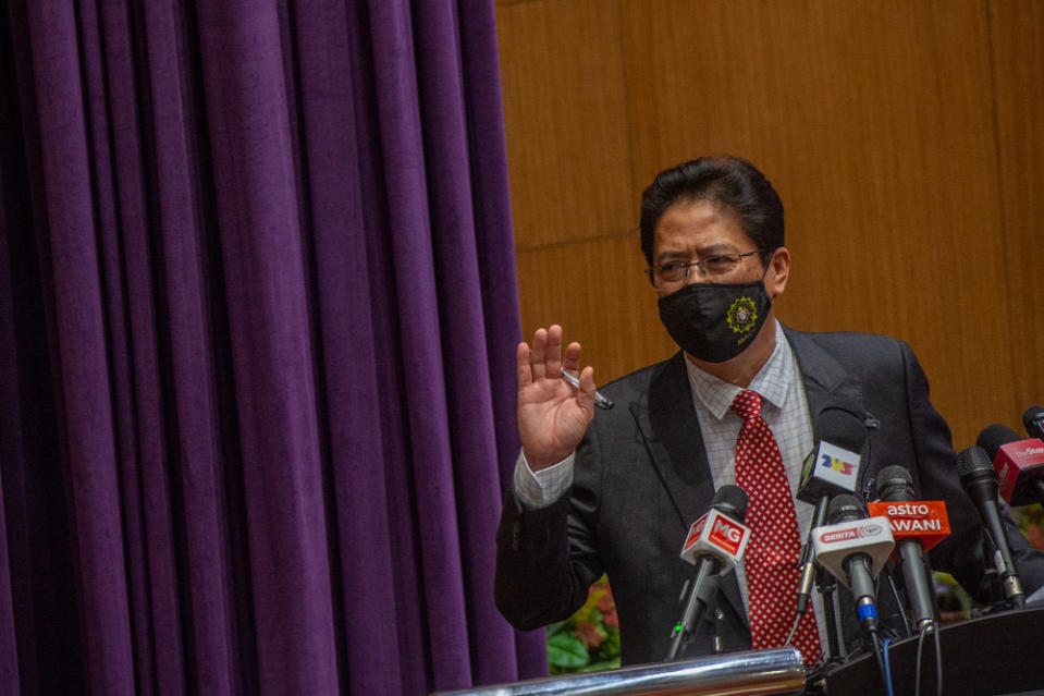 Malaysian Anti-Corruption Commission chief commissioner Tan Sri Azam Baki speaks to the media during a special press conference at MACC headquarters in Putrajaya, January 5, 2022. — Picture by Shafwan Zaidon