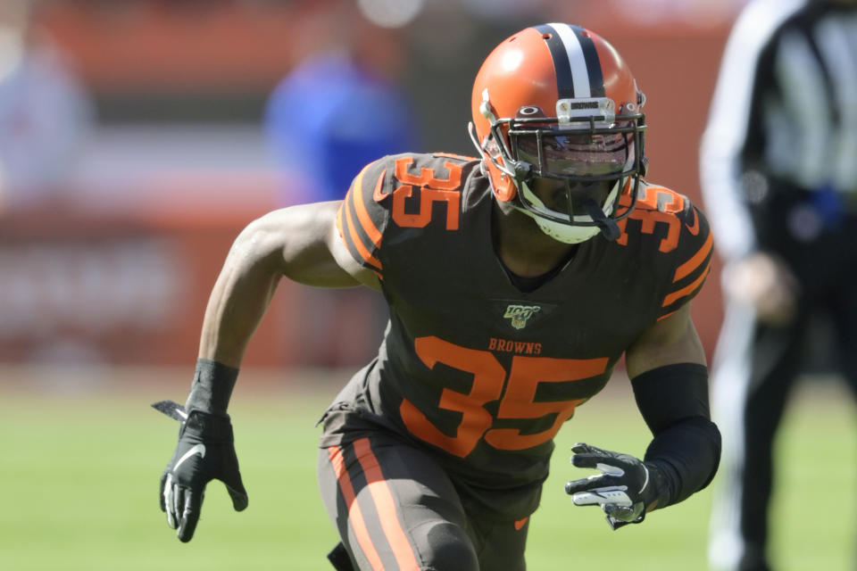 FILE - In this Oct. 13, 2019, file photo, Cleveland Browns defensive back Jermaine Whitehead (35) defends during an NFL football game against the Seattle Seahawks, in Cleveland. Whitehead has been released following his disturbing social media rant after a loss in Denver. The Browns announced the move Monday, Nov. 4, 2019, hours after rebuking Whitehead for "totally unacceptable and highly inappropriate behavior" following a 24-19 loss to the Broncos on Sunday. (AP Photo/David Richard, File)