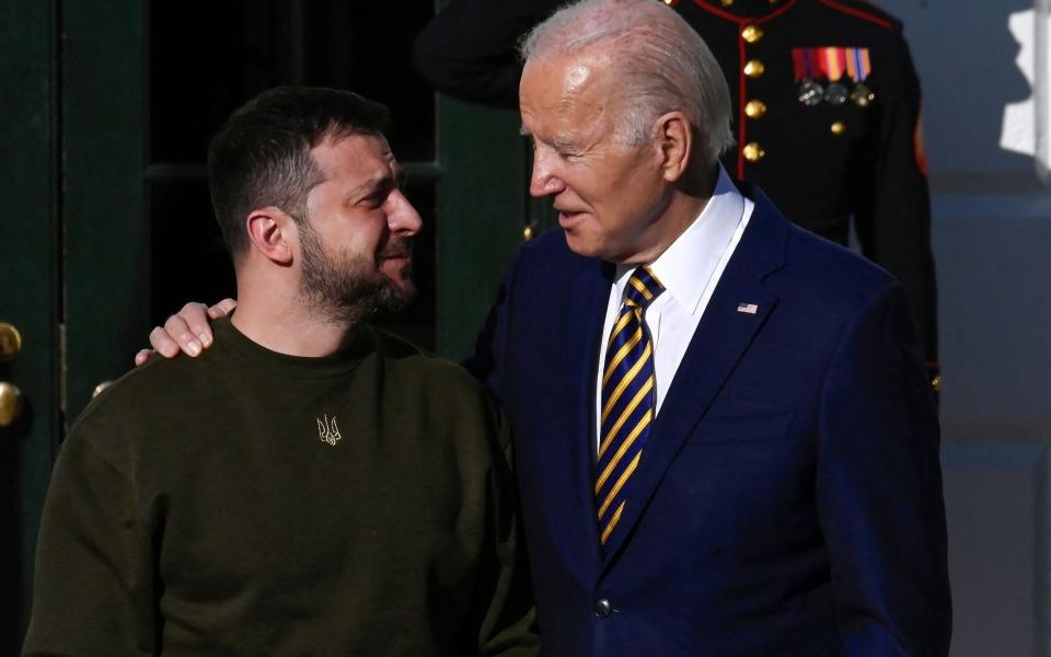 US President Joe Biden welcomes Ukraine's President Volodymyr Zelensky on the South Lawn of the White House in Washington, DC - OLIVIER DOULIERY/AFP via Getty Images