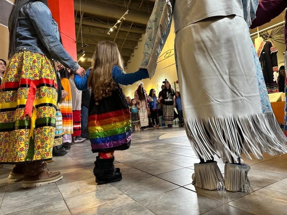 Children, youth and elders from across Atlantic Canada took part in the Midwinter Mawio’mi Gathering at the Millbrook First Nation near Truro, N.S., on Sunday. (Mackenzie Pardy - image credit)