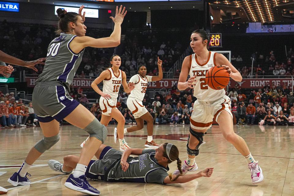 Texas guard Shaylee Gonzales recovers a rebound during the Longhorns' win over Kansas State on Feb. 4 at Moody Center. The Longhorns and Wildcats split their season series and will meet again in Monday's Big 12 Tournament semifinals.